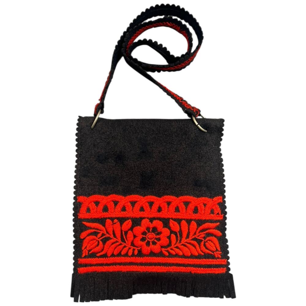 Vintage Folk Embroidered Wool Felt Crossbody Bag Black Red Boho Festival Fringe